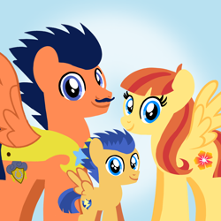 Size: 1400x1400 | Tagged: safe, artist:mlplary6, imported from derpibooru, flash sentry, oc, oc:magnum sentry, oc:sunbeam, pegasus, pony, armor, colt, colt flash sentry, family, father and child, father and daughter, female, foal, husband and wife, looking at you, male, mare, mother and child, mother and daughter, royal guard, smiling, smiling at you, stallion