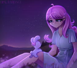 Size: 2935x2592 | Tagged: safe, artist:opal_radiance, imported from derpibooru, fluttershy, human, rabbit, animal, clothes, crying, dress, eyebrows, female, frown, high res, humanized, night, sad, signature, sitting, solo