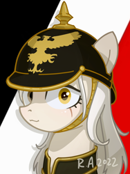 Size: 1500x2000 | Tagged: safe, artist:raineve, imported from derpibooru, oc, pony, clothes, germany, pickelhaube, solo, uniform, yellow eyes