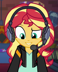 Size: 552x682 | Tagged: safe, imported from derpibooru, screencap, sunset shimmer, equestria girls, equestria girls series, game stream, spoiler:eqg series (season 2), cropped, headphones, solo