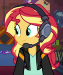Size: 563x669 | Tagged: safe, imported from derpibooru, screencap, sunset shimmer, equestria girls, equestria girls series, game stream, spoiler:eqg series (season 2), cropped, headphones, solo