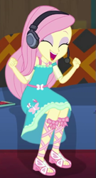 Size: 281x520 | Tagged: safe, imported from derpibooru, screencap, fluttershy, equestria girls, equestria girls series, game stream, spoiler:eqg series (season 2), cropped, fluttershy boho dress, headphones, solo