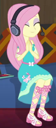 Size: 236x532 | Tagged: safe, imported from derpibooru, screencap, fluttershy, equestria girls, equestria girls series, game stream, spoiler:eqg series (season 2), cropped, fluttershy boho dress, headphones, solo