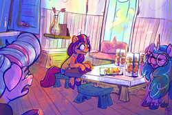 Size: 1964x1316 | Tagged: safe, artist:overlord pony, imported from derpibooru, izzy moonbow, queen haven, sunny starscout, earth pony, pegasus, pony, unicorn, bong, chips, food, g5, glasses, kitchen, lidded eyes, mane stripe sunny, potato chips, pringles, refrigerator, sitting, table