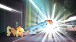 Size: 1280x720 | Tagged: safe, imported from derpibooru, screencap, applejack, rainbow dash, pegasus, pony, power ponies (episode), biting, book, castle of the royal pony sisters, tail, tail bite