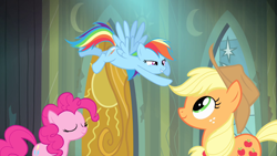 Size: 1280x720 | Tagged: safe, imported from derpibooru, screencap, applejack, pinkie pie, rainbow dash, pegasus, pony, power ponies (episode), castle of the royal pony sisters