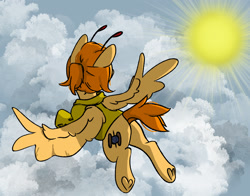 Size: 1897x1486 | Tagged: safe, artist:ju4111a, imported from derpibooru, oc, oc only, oc:svatya, pegasus, pony, butt, clothes, cloud, cutie mark, flying, pegasus oc, plot, raised hoof, raised leg, sky, spread wings, sun, turned head, wings