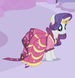 Size: 800x833 | Tagged: safe, imported from derpibooru, screencap, rarity, pony, unicorn, season 1, suited for success, alternate hairstyle, beautiful, carousel boutique, clothes, cropped, dress, elegant, female, gala dress, gown, happy, jewelry, mare, rarity's first gala dress, smiling, solo, tiara