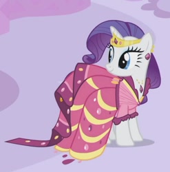 Size: 708x717 | Tagged: safe, imported from derpibooru, screencap, pony, unicorn, season 1, suited for success, alternate hairstyle, beautiful, carousel boutique, clothes, cropped, dress, elegant, female, gala dress, gown, happy, jewelry, mare, rarity's first gala dress, smiling, solo, tiara, turned head