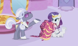 Size: 1569x938 | Tagged: safe, imported from derpibooru, screencap, hoity toity, opalescence, rarity, cat, earth pony, unicorn, season 1, suited for success, alternate hairstyle, beautiful, bedroom eyes, carousel boutique, clothes, cropped, door, dress, elegant, eyes closed, female, gala dress, gown, happy, jewelry, male, mare, mirror, nuzzling, rarity's first gala dress, smiling, stage, stallion, tiara, turned head
