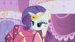 Size: 2160x1214 | Tagged: safe, imported from derpibooru, screencap, rarity, unicorn, season 1, suited for success, alternate hairstyle, beautiful, bedroom eyes, carousel boutique, clothes, door, dress, elegant, female, gala dress, gown, happy, jewelry, mare, rarity's first gala dress, smiling, tiara, turned head