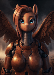 Size: 1472x2060 | Tagged: safe, artist:darbarri, derpibooru exclusive, imported from derpibooru, oc, anthro, cyborg, pegasus, pony, ai assisted, ai content, armor, bust, detailed, portrait