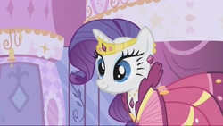 Size: 2160x1214 | Tagged: safe, imported from derpibooru, screencap, rarity, pony, unicorn, season 1, suited for success, alternate hairstyle, beautiful, carousel boutique, clothes, cute, door, dress, elegant, female, gala dress, gown, happy, jewelry, mare, raribetes, rarity's first gala dress, smiling, solo, tiara