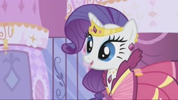 Size: 2157x1214 | Tagged: safe, imported from derpibooru, screencap, rarity, pony, unicorn, season 1, suited for success, alternate hairstyle, clothes, door, dress, female, gala dress, gown, happy, jewelry, mare, open mouth, rarity's first gala dress, smiling, solo, tiara