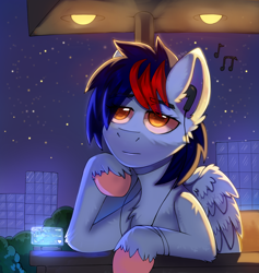 Size: 1854x1956 | Tagged: safe, artist:freak-side, imported from derpibooru, oc, oc only, oc:dawn chaser, pegasus, pony, balcony, blue fur, chest fluff, city, colored hooves, commission, detailed background, earbuds, hologram, lidded eyes, lights, listening to music, male, male oc, mp3 player, music notes, night, orange eyes, pegasus oc, relaxing, skyscraper, solo, stallion, stallion oc, stars, two toned mane, unshorn fetlocks, wings, ych result