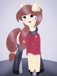 Size: 2985x3979 | Tagged: safe, artist:sodapop sprays, imported from derpibooru, oc, oc:naomi horsley, earth pony, pony, blushing, boots, chest fluff, clothes, combadge, distressed, ear fluff, miniskirt, redshirt, shoes, simple background, skirt, socks, solo, star trek, star trek (tos), stockings, thigh highs, uniform, whining