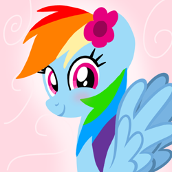 Size: 1400x1400 | Tagged: safe, artist:mlplary6, imported from derpibooru, rainbow dash, pegasus, pony, blushing, female, flower, flower in hair, looking at you, mare, smiling, smiling at you