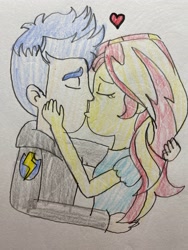 Size: 3024x4032 | Tagged: safe, artist:sodanutmeg, imported from derpibooru, flash sentry, sunset shimmer, equestria girls, female, flashimmer, kissing, male, shipping, straight, traditional art