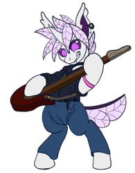 Size: 440x563 | Tagged: safe, artist:copycat, artist:silent-e, imported from derpibooru, oc, oc:elytra, oc:only, changedling, changeling, guitar, musical instrument, purple changeling, simple background, solo, transparent background, white changeling