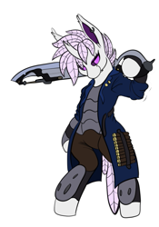 Size: 473x674 | Tagged: safe, artist:copycat, artist:silent-e, imported from derpibooru, oc, oc only, oc:elytra, oc:only, changedling, changeling, final fantasy, final fantasy xiv, gunblade, gunbreaker, purple changeling, simple background, solo, sword, transparent background, weapon, white changeling