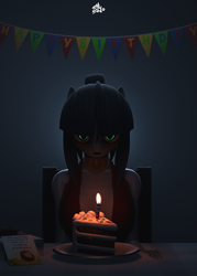 Size: 2743x3840 | Tagged: safe, artist:comradeshy, imported from derpibooru, oc, oc only, oc:eve, anthro, earth pony, pony, 3d, birthday, birthday cake, cake, candle, choker, clothes, collar, dress, food, looking at you, party, pentagram, solo, source filmmaker