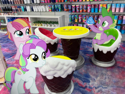 Size: 1280x960 | Tagged: safe, edit, editor:undeadponysoldier, imported from ponybooru, photographer:undeadponysoldier, coconut cream, toola roola, dragon, earth pony, pony, best friends, candy store, chair, cup, cupcake, cute, dragons in real life, female, filly, foal, food, hanging out, happy, irl, male, photo, ponies in real life, sapphire, sapphire cupcake, shelf, shop, sitting, table