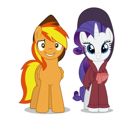 Size: 6058x5809 | Tagged: safe, artist:creedyboy124, imported from derpibooru, rarity, oc, oc:firey ratchet, pegasus, pony, unicorn, clothes, detective, detective rarity, fedora, female, grin, hat, looking at you, male, mare, nervous, nervous grin, simple background, smiling, stallion, transparent background, trenchcoat