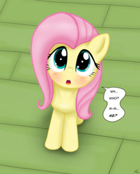 Size: 1280x1590 | Tagged: safe, artist:lennondash, imported from derpibooru, fluttershy, pegasus, pony, blushing, cute, daaaaaaaaaaaw, description is relevant, female, high angle, looking at you, looking up, looking up at you, mare, open mouth, shyabetes, solo, speech bubble, stuttering, talking to viewer, tiled floor