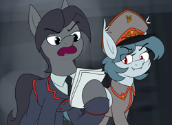 Size: 2728x1989 | Tagged: safe, artist:moonatik, imported from derpibooru, oc, oc only, oc:masha norushkina, oc:sinnie, bat pony, earth pony, pony, equestria at war mod, bat pony oc, bat wings, clothes, commission, earth pony oc, female, hat, male, mare, military uniform, necktie, paper, reading, smug, stallion, stalliongrad, suit, the death of stalin, uniform, wings