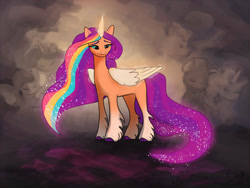 Size: 1000x750 | Tagged: safe, artist:bugiling, imported from derpibooru, sunny starscout, alicorn, pony, ethereal mane, ethereal tail, female, g5, mane stripe sunny, mare, older, race swap, solo, sunnycorn, tail