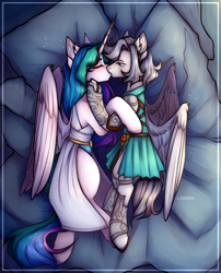 Size: 3800x4700 | Tagged: safe, imported from derpibooru, princess celestia, oc, oc:light knight, alicorn, pegasus, armor, armor skirt, bed, bedroom, canon x oc, clothes, dress, fantasy class, female, greek, guard, kissing, male, military, rome, skirt, spartan, straight, toga, underwear, warrior