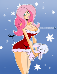 Size: 2550x3300 | Tagged: safe, artist:chillguydraws, imported from derpibooru, angel bunny, fluttershy, human, rabbit, angel bunny is not amused, animal, big breasts, big lips, breasts, busty fluttershy, cleavage, clothes, dress, duo, duo male and female, female, gradient background, high res, humanized, looking at you, male, santa dress, smiling, smiling at you, snow, snowflake, unamused, wasp waist, wide hips