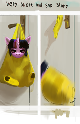 Size: 1500x2312 | Tagged: safe, artist:hierozaki, imported from derpibooru, twilight sparkle, pony, unicorn, bag, comic, cute, door, door handle, falling, female, frown, looking at you, mare, plastic bag, ponified animal photo, solo, twiabetes, twilight sparkle is not amused, unamused, underhoof, unicorn twilight