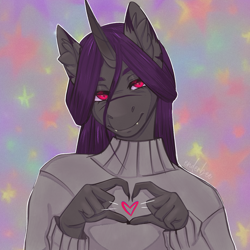 Size: 2048x2048 | Tagged: safe, artist:enderbee, imported from derpibooru, oc, oc:enderbee, anthro, unicorn, bust, clothes, colored, fangs, heart, heart hands, horn, icon, long hair, portrait, purple hair, red eyes, sketch, solo, sweater, unicorn oc