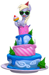 Size: 2159x3300 | Tagged: safe, artist:owlpirate, imported from derpibooru, derpy hooves, pegasus, pony, 3d, cake, cupcake, cute, derpabetes, female, food, hat, high res, hoof hold, looking at you, mare, open mouth, open smile, party hat, ponies in food, simple background, smiling, smiling at you, solo, source filmmaker, sunglasses, transparent background