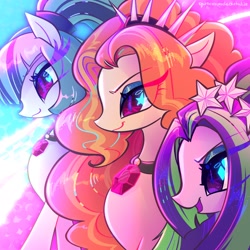 Size: 2048x2048 | Tagged: safe, artist:qwennondeathdie, imported from derpibooru, adagio dazzle, aria blaze, sonata dusk, pony, equestria girls ponified, eye clipping through hair, female, gem, heart, heart eyes, mare, open mouth, open smile, ponified, siren gem, smiling, starry eyes, the dazzlings, trio, wingding eyes