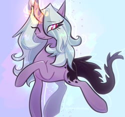 Size: 2140x1996 | Tagged: safe, artist:qwennondeathdie, imported from derpibooru, oc, oc only, pony, unicorn, eye clipping through hair, glowing, glowing horn, horn, one eye closed, smiling, solo, standing on two hooves