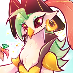 Size: 2048x2048 | Tagged: safe, artist:qwennondeathdie, imported from derpibooru, captain celaeno, anthro, bird, parrot pirates, my little pony: the movie, bust, chest fluff, emerald, eye clipping through hair, female, gem, jewelry, pirate, ring, solo