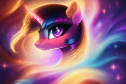 Size: 3072x2048 | Tagged: safe, imported from derpibooru, twilight sparkle, pony, unicorn, abstract, abstract background, ai content, ai generated, blushing, bust, cute, female, generator:novelai, generator:stable diffusion, high res, mare, portrait, prompter:endless--, smiling, solo, stars, unicorn twilight