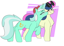 Size: 3404x2492 | Tagged: safe, edit, imported from ponybooru, bon bon, lyra heartstrings, sweetie drops, earth pony, pony, unicorn, abstract background, baseball cap, blushing, cap, cheek kiss, chest fluff, eyes closed, female, hat, heart, kissing, lesbian, lesbian couple, lyrabon, mare, one eye closed, shipping, simple background, smiling, sunglasses, white background