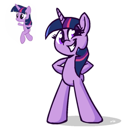 Size: 800x800 | Tagged: safe, artist:whateverbender, imported from derpibooru, twilight sparkle, pony, cursed image, female, grin, hooves on hips, mare, simple background, smiling, solo, wat, white background