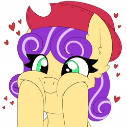 Size: 2039x2048 | Tagged: safe, imported from derpibooru, oc, oc:quickdraw, bedroom eyes, cheek squish, clothes, commissioner:dhs, cowboy hat, happy, hat, heart, looking at you, oral, purple coat, purple mane, sex, simple background, squishy cheeks, stetson, white background, yellow coat