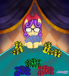 Size: 1226x1342 | Tagged: safe, artist:alicajjj, imported from derpibooru, oc, oc:quickdraw, cowboy hat, glasses, hat, hooves, looking at you, playing card, poker, poker chips, purple mane, reflection, smiling, stetson, table, yellow coat