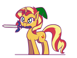 Size: 1800x1350 | Tagged: safe, artist:flutterluv, imported from derpibooru, sunset shimmer, pony, unicorn, crossover, hat, mouth hold, simple background, solo, sword, the legend of zelda, transparent background, weapon