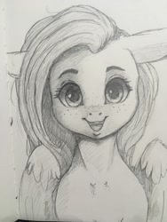 Size: 1536x2048 | Tagged: safe, artist:miokomata, imported from derpibooru, fluttershy, pegasus, pony, cute, female, floppy ears, freckles, freckleshy, looking at you, mare, pencil drawing, shyabetes, smiling, smiling at you, solo, traditional art