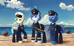 Size: 5000x3125 | Tagged: safe, imported from derpibooru, oc, oc:dark straw, oc:v.piper, original species, shark, shark pony, clothes, cloud, dagger, germany, gun, medal, navy, ocean, pier, police, uniform, weapon, world war ii