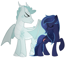 Size: 1190x992 | Tagged: safe, artist:xxsimu, imported from derpibooru, dracony, dragon, hybrid, pegasus, pony, base used, duo, eyes closed, female, interspecies offspring, male, mare, offspring, parent:king sombra, parent:princess luna, parent:rarity, parent:spike, parents:lumbra, parents:sparity, simple background, stallion, transparent background