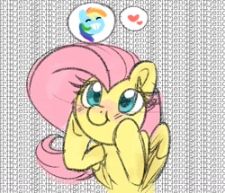 Size: 1618x1393 | Tagged: safe, artist:lbrcloud, imported from derpibooru, fluttershy, rainbow dash, pegasus, pony, blush lines, blushing, cute, female, flutterdash, grin, heart, hoof on cheek, lesbian, mare, shipping, shyabetes, smiling, solo, text