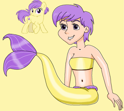 Size: 1017x906 | Tagged: safe, artist:ocean lover, imported from derpibooru, berry sweet, earth pony, human, mermaid, pony, background human, background pony, bare midriff, bare shoulders, beautiful, belly, belly button, cute, female, fins, fish tail, friendship student, human coloration, humanized, light skin, looking at you, mermaid tail, mermaidized, midriff, ms paint, pose, purple eyes, purple hair, reference, short hair, simple background, sitting, sleeveless, solo, solo female, species swap, tail, tail fin, teenager, yellow background