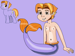 Size: 1013x760 | Tagged: safe, artist:ocean lover, imported from derpibooru, auburn vision, earth pony, human, merboy, mermaid, merman, pony, amber eyes, background human, background pony, bare shoulders, belly, belly button, fins, friendship student, handsome, human coloration, humanized, lavender background, light skin, looking at you, male, mermanized, ms paint, pose, reference, simple background, sitting, sleeveless, smiling, smiling at you, solo, species swap, tail, tail fin, teenager, two toned hair, yellow eyes